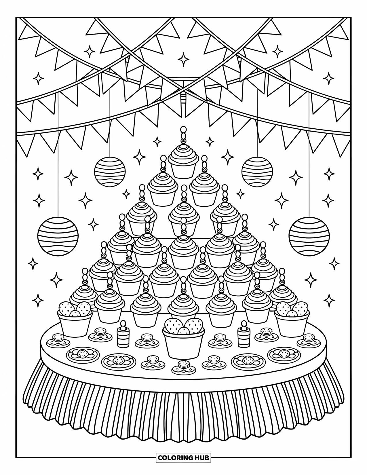 Birthday Party Coloring Page for Adults: A cupcake tower and cheerful treats sit on a birthday table beneath festive decorations