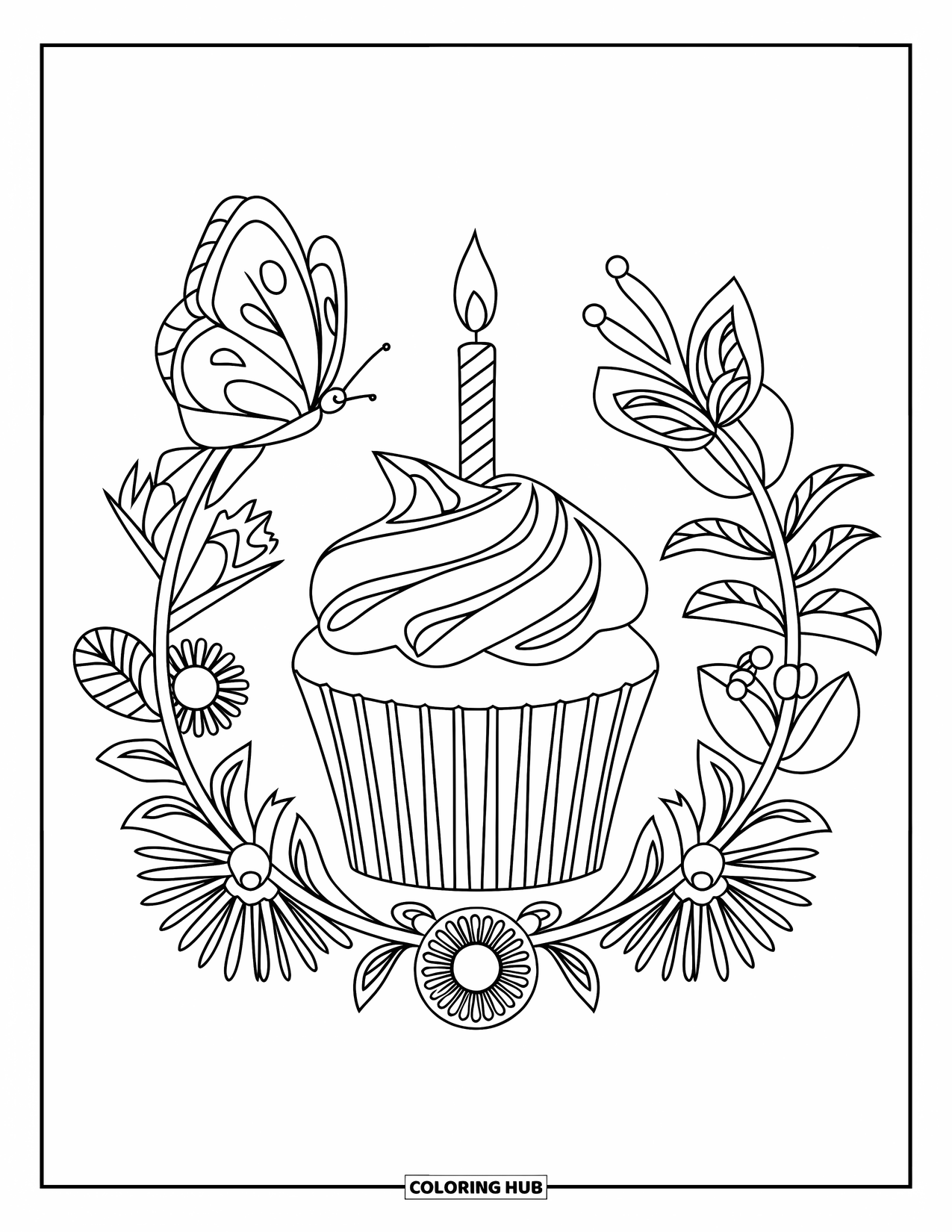 Birthday Party Coloring Page for Adults: A cupcake with swirly icing and a candle sits inside a floral frame