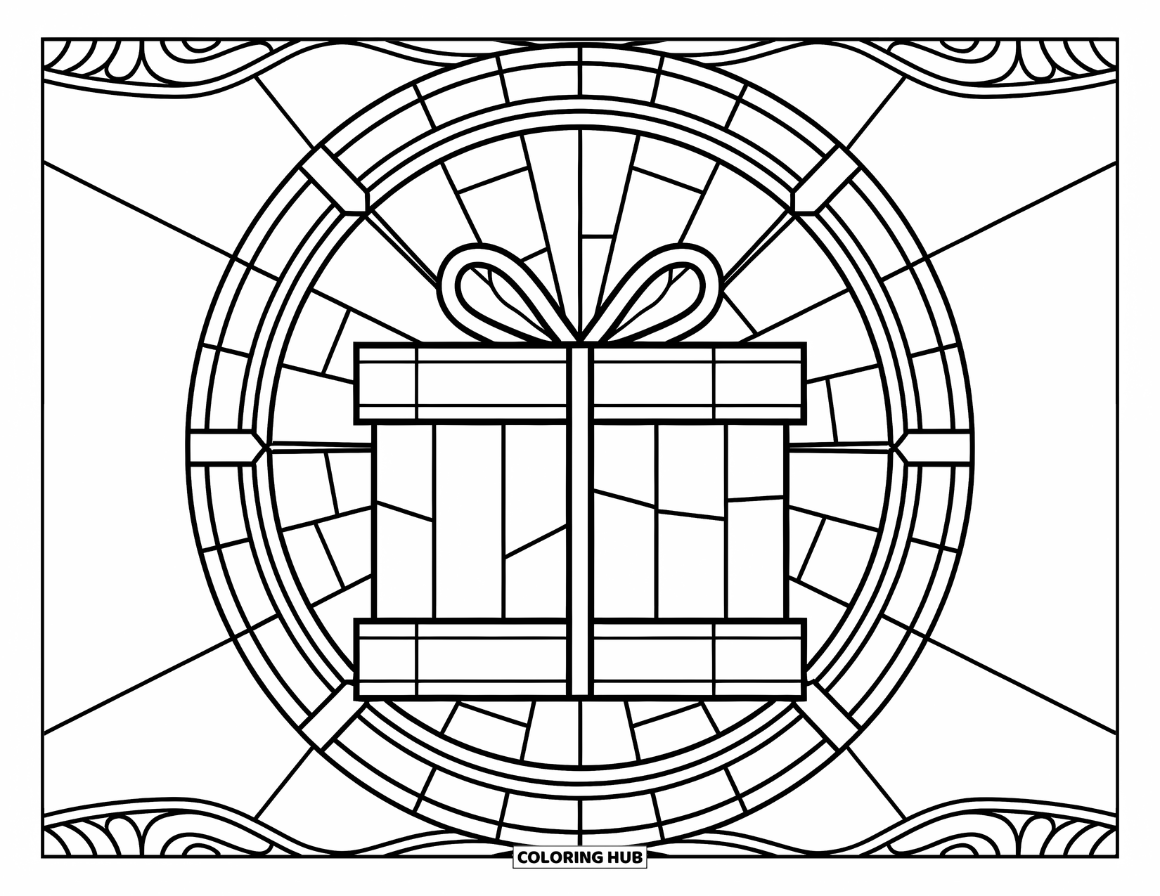 Birthday Party Coloring Page for Adults: A gift box rests inside a patterned circle with playful decorative designs