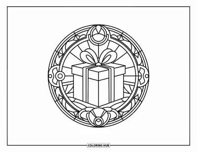 Geburtstagsparty-Ausmalbild für Erwachsene: Eine Geschenkbox mit Schleife ist von einem Buntglaskreis umgeben