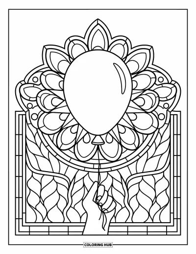 Geburtstagsparty-Ausmalbild für Erwachsene: Eine Hand hält einen Ballon über einem blumenförmigen Buntglasmuster