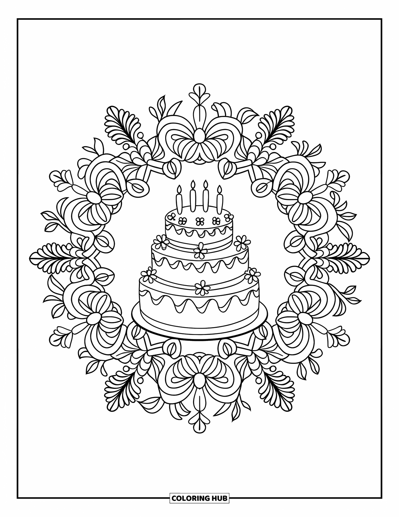 Birthday Party Coloring Page for Adults: A layered birthday cake with candles is framed by floral patterns
