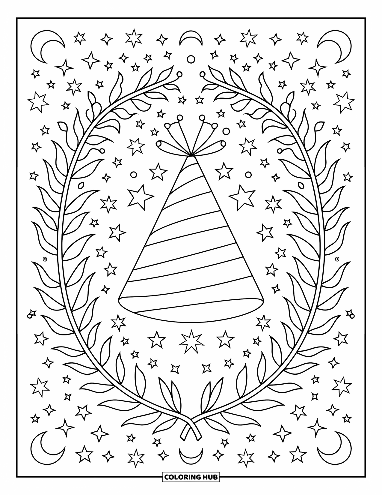 Birthday Party Coloring Page for Adults: A patterned party hat rests in a leafy frame with stars and moons