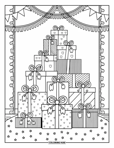 Geburtstagsparty-Ausmalbild für Erwachsene: Ein Stapel dekorierter Geschenke steht hoch vor einer verspielten Fotowand mit Sternen