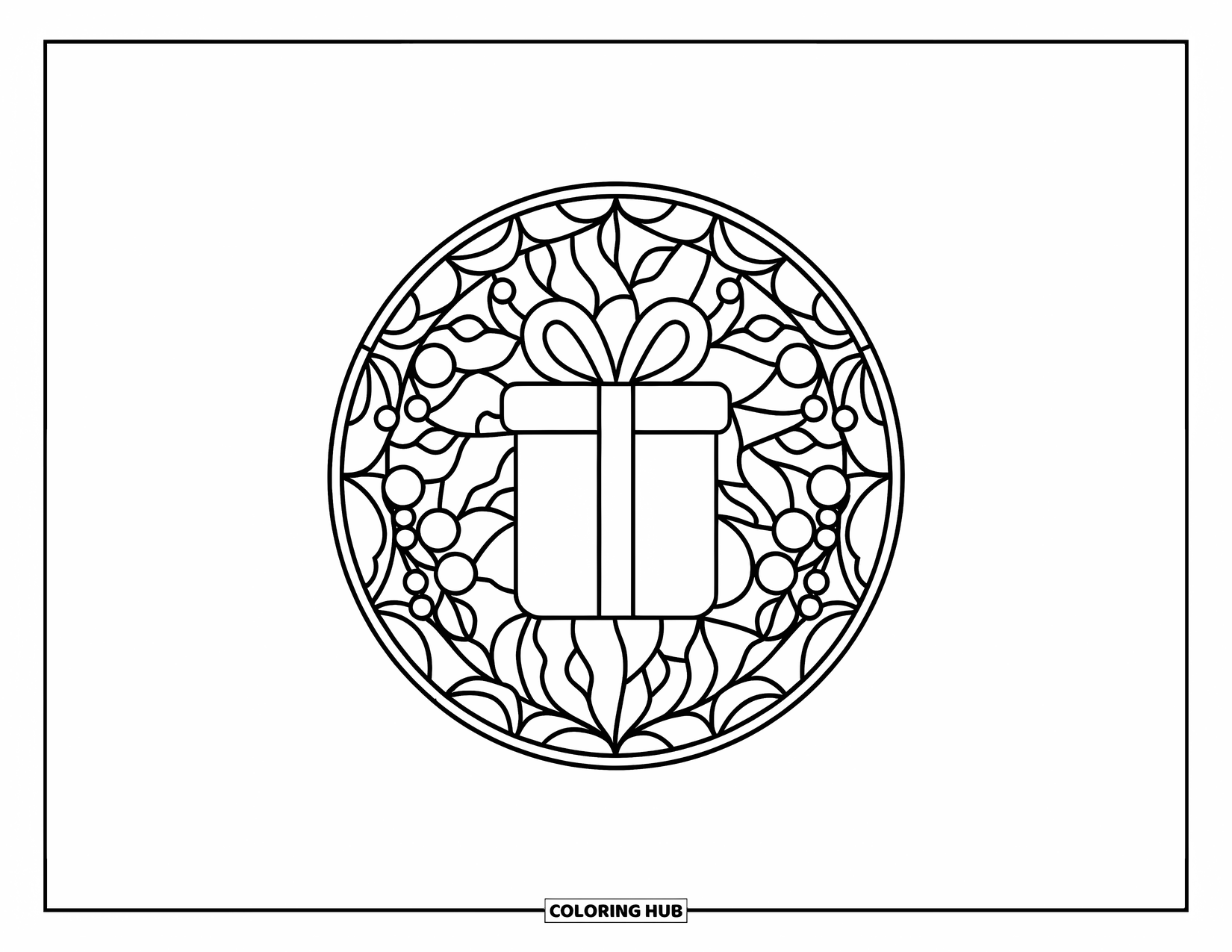 Birthday Party Coloring Page for Adults: A ribboned gift box sits in a circle with leaves and berries
