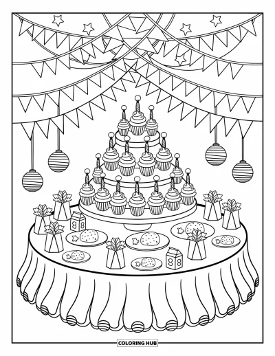 Geburtstagsparty-Ausmalbild für Erwachsene: Ein runder Tisch ist überladen mit Cupcakes, Saftboxen, Keksen und Geburtstagsgeschenken