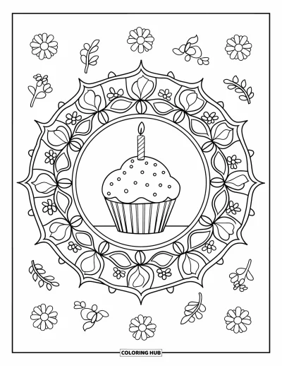 Geburtstagsparty-Ausmalbild für Erwachsene: Ein süßer Cupcake mit Kerze ruht in einem blättrigen, blumigen Mandala