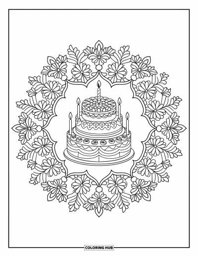 Geburtstagsparty-Ausmalbild für Erwachsene: Eine mehrstöckige Geburtstagstorte steht in der Mitte eines floralen Mandalas