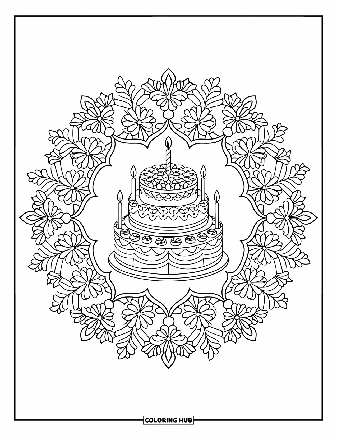 Birthday Party Coloring Page for Adults: A tiered birthday cake stands in the middle of a floral mandala