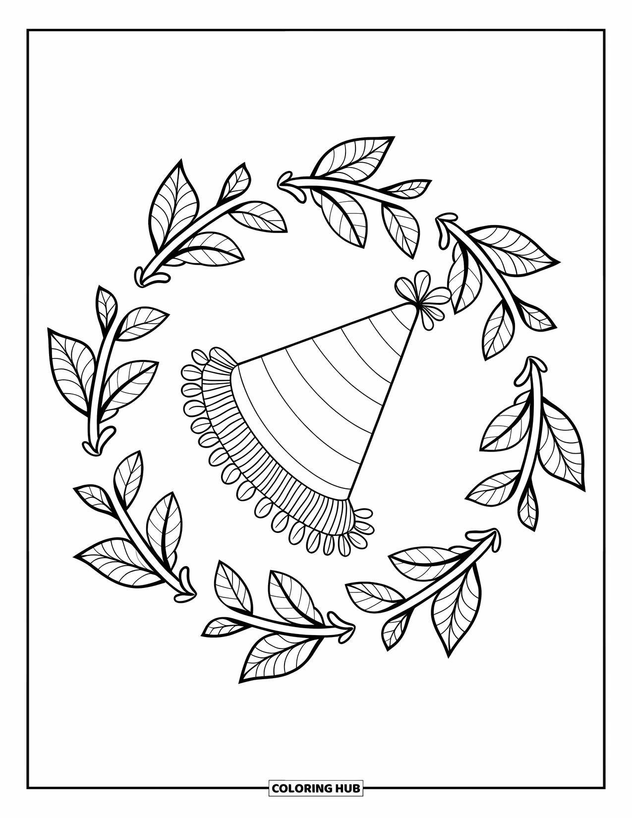 Birthday Party Coloring Page for Adults: A tilted party hat sits inside a ring of curling vines and flowers