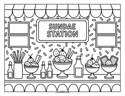Geburtstagsparty-Ausmalbild für Erwachsene: Schüsseln mit Toppings und Softeis-Waffeln unter einem niedlichen Baldachin an der Sundae Station