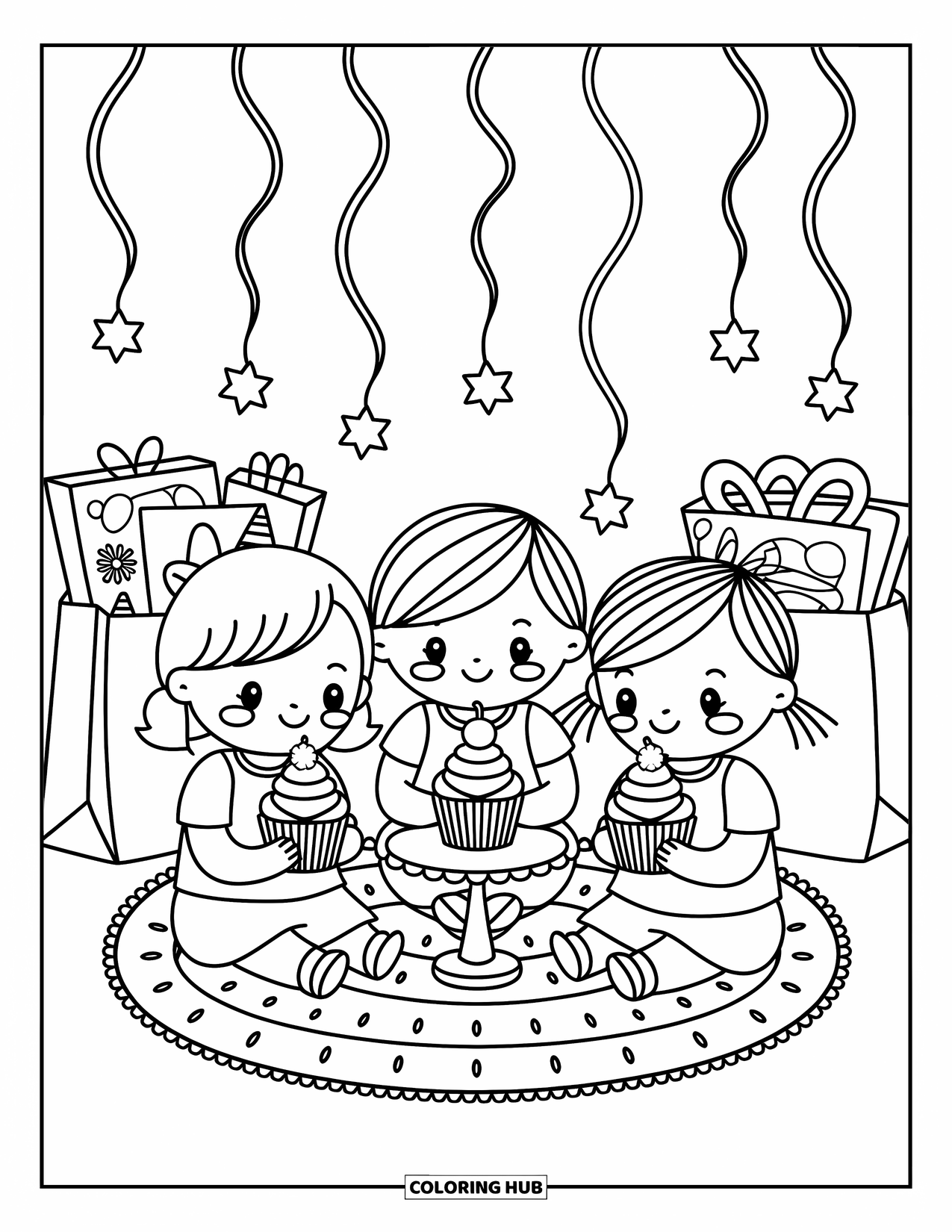 Birthday Party Coloring Page for Adults: Children sit with cupcakes and gift bags beneath a sky of streamers and paper stars