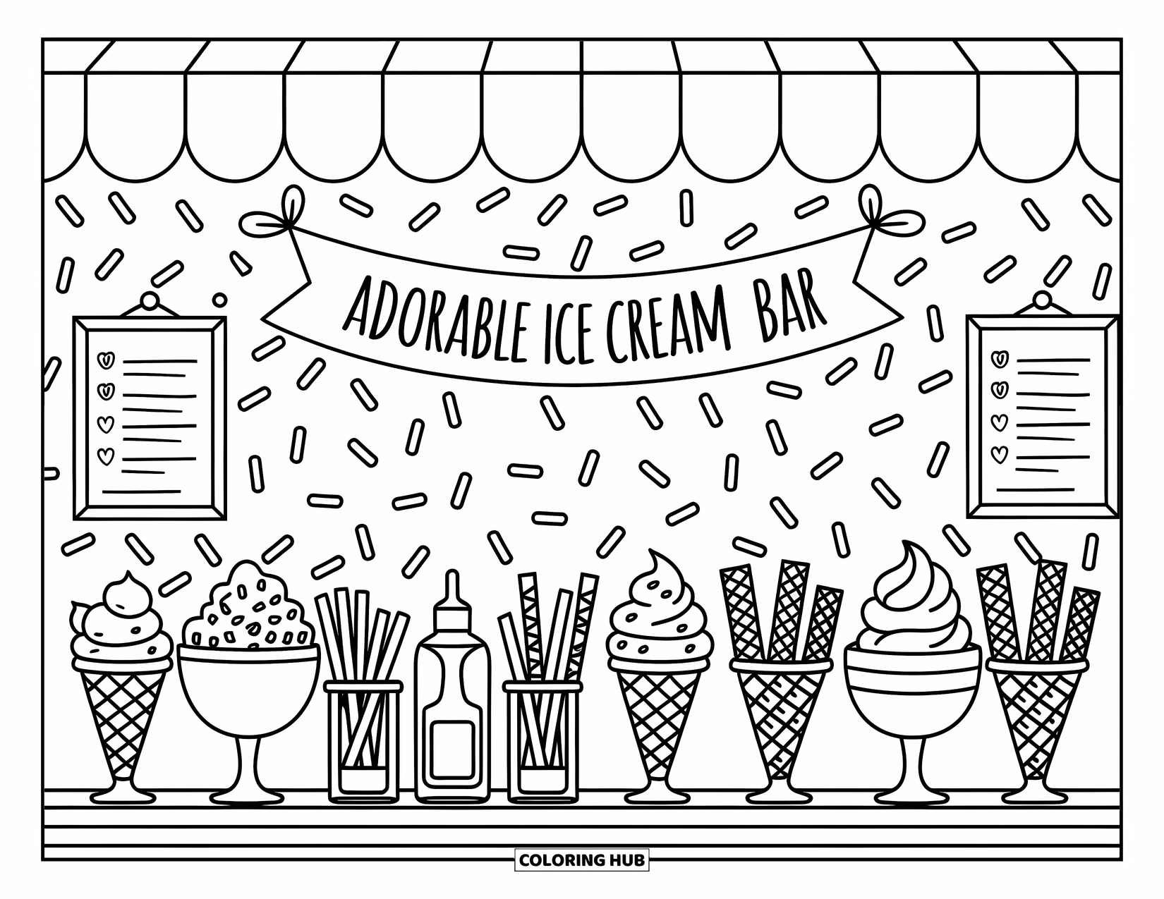 Birthday Party Coloring Page for Adults: Dessert bowls and soft-serve cones wait on the counter beneath a fun scalloped canopy