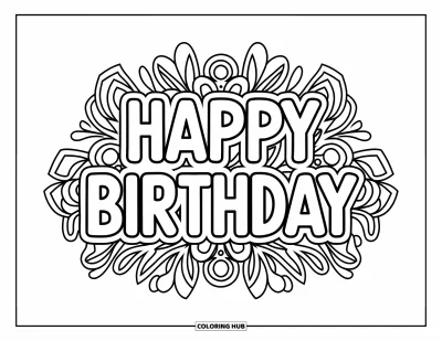 Geburtstagsparty-Ausmalbild für Erwachsene: "Happy Birthday" ist von hübschen floralen Mandala-Mustern umgeben