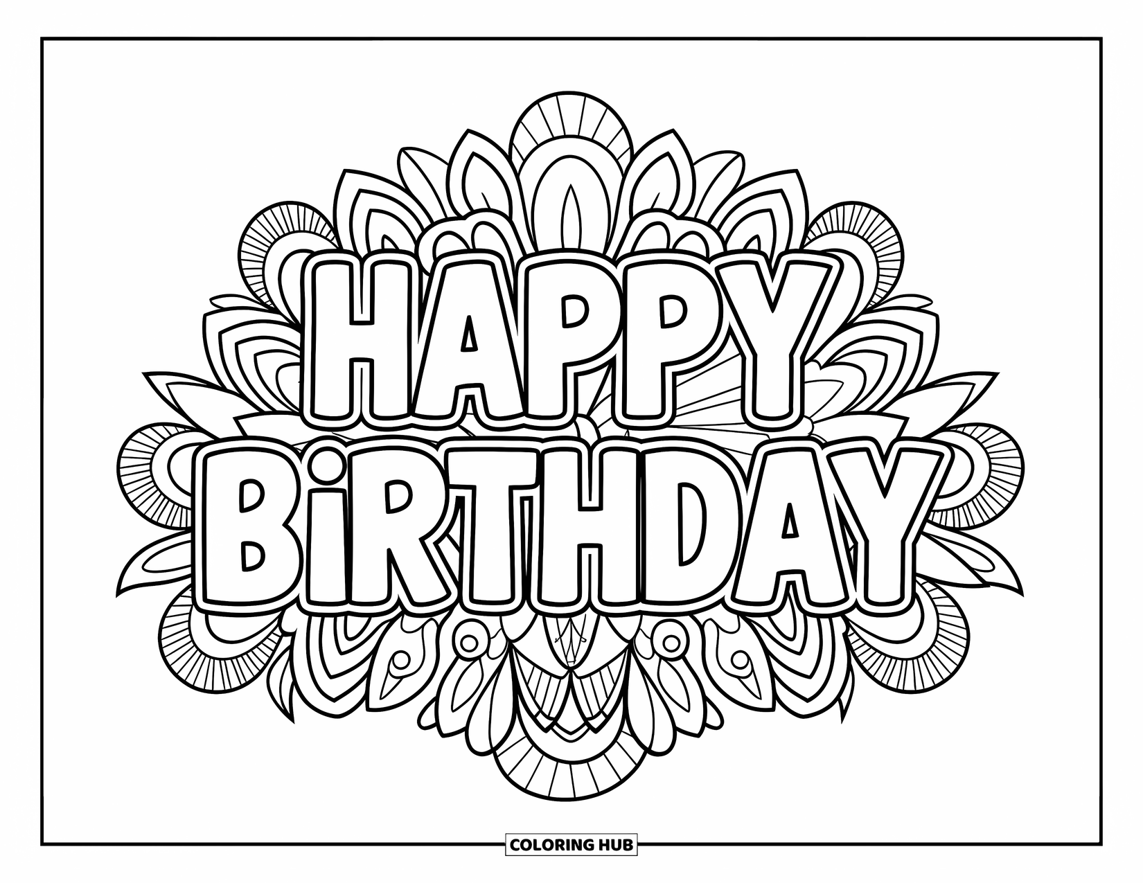 Birthday Party Coloring Page for Adults: "Happy Birthday" sits at the center of a fun floral mandala