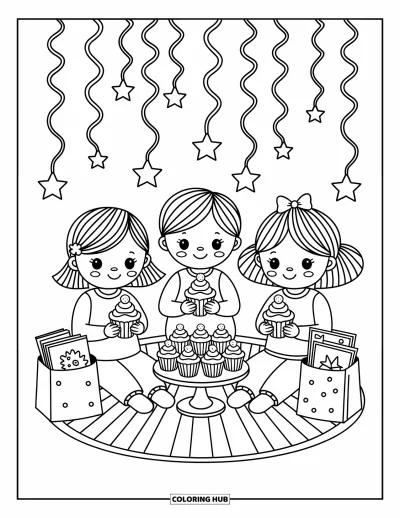 Geburtstagsparty-Ausmalbild für Erwachsene: Kinder genießen Cupcakes und Partytüten unter fallenden Sternen und geschwungenen Luftschlangen in einer gemütlichen Szene