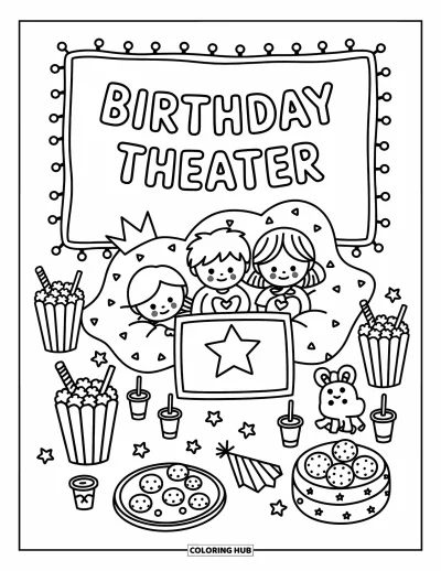 Geburtstagsparty-Ausmalbild für Erwachsene: Kinder sitzen gemütlich mit Snacks und Decken beim Geburtstagsfilm unter funkelnden Lichterketten