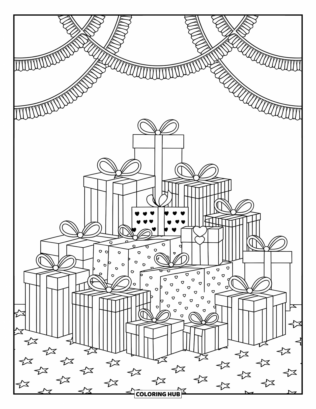 Birthday Party Coloring Page for Adults: Stacks of wrapped presents with bows and tags rest under a playful, ribbon-filled photo wall