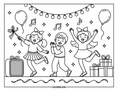 Geburtstagsparty-Ausmalbild für Erwachsene: Drei fröhliche Kinder wirbeln und klatschen unter leuchtenden Laternen, umgeben von Geschenken und Konfetti