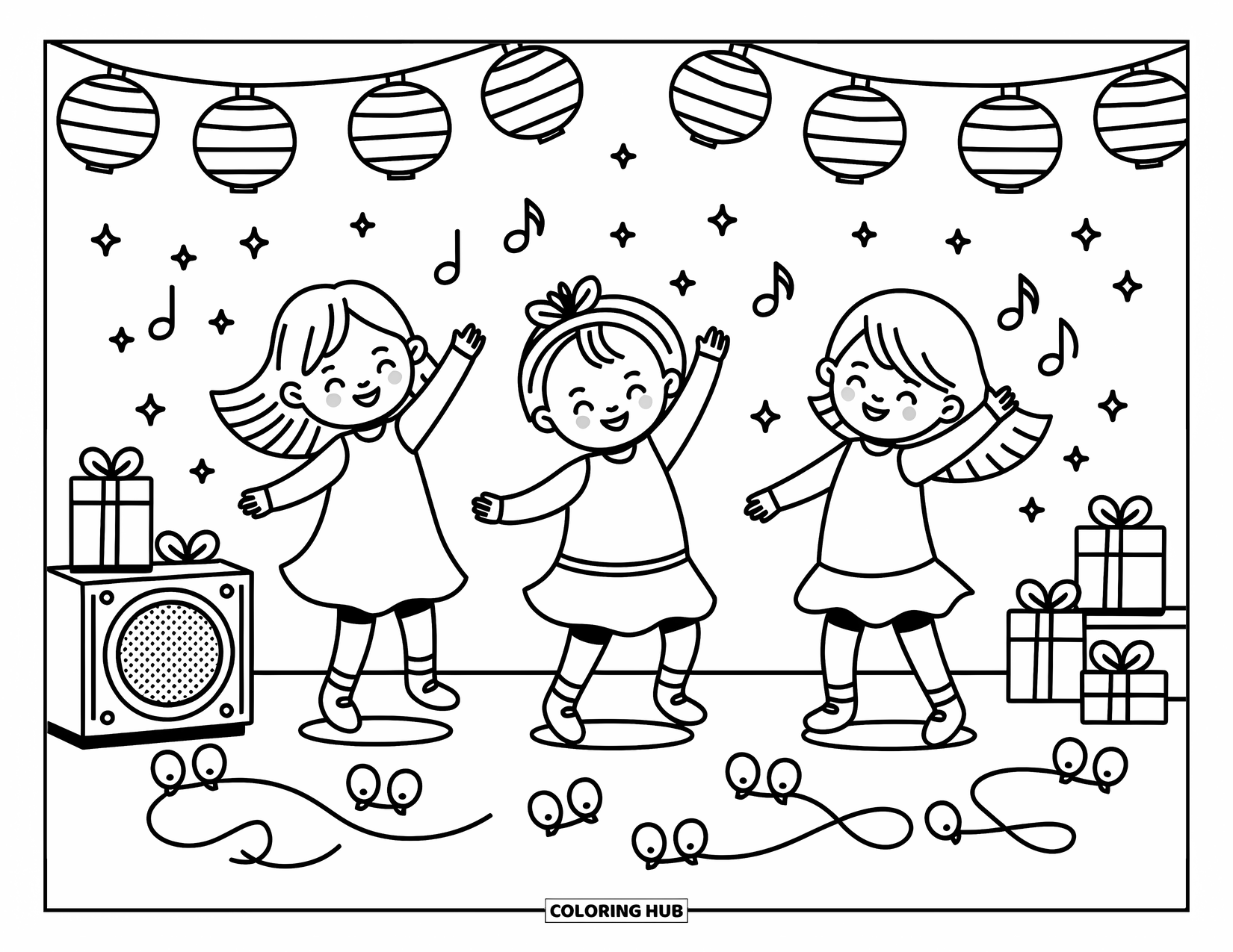 Birthday Party Coloring Page for Adults: Three joyful kids dance together in a cozy, festive space with sparkles and music