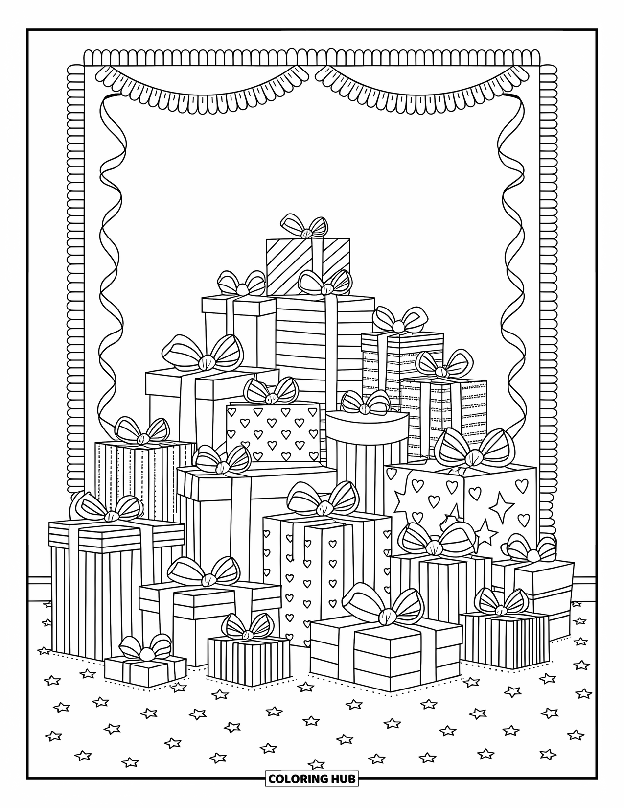Birthday Party Coloring Page for Adults: Wrapped gifts with stars, hearts, and ribbons sit under a party backdrop full of joy