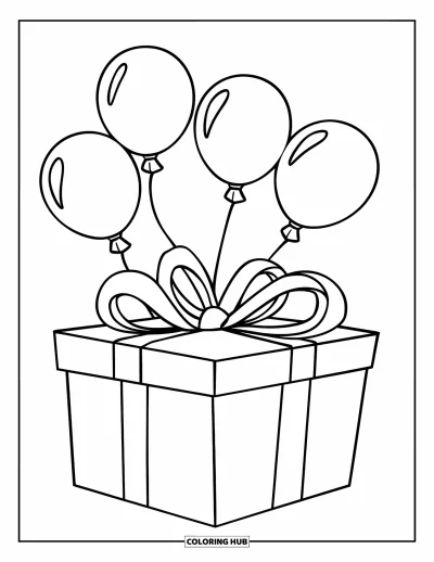 Geburtstagsparty-Ausmalbild für Kinder: Eine große Geschenkbox mit Ballons schwebt sanft in der Luft