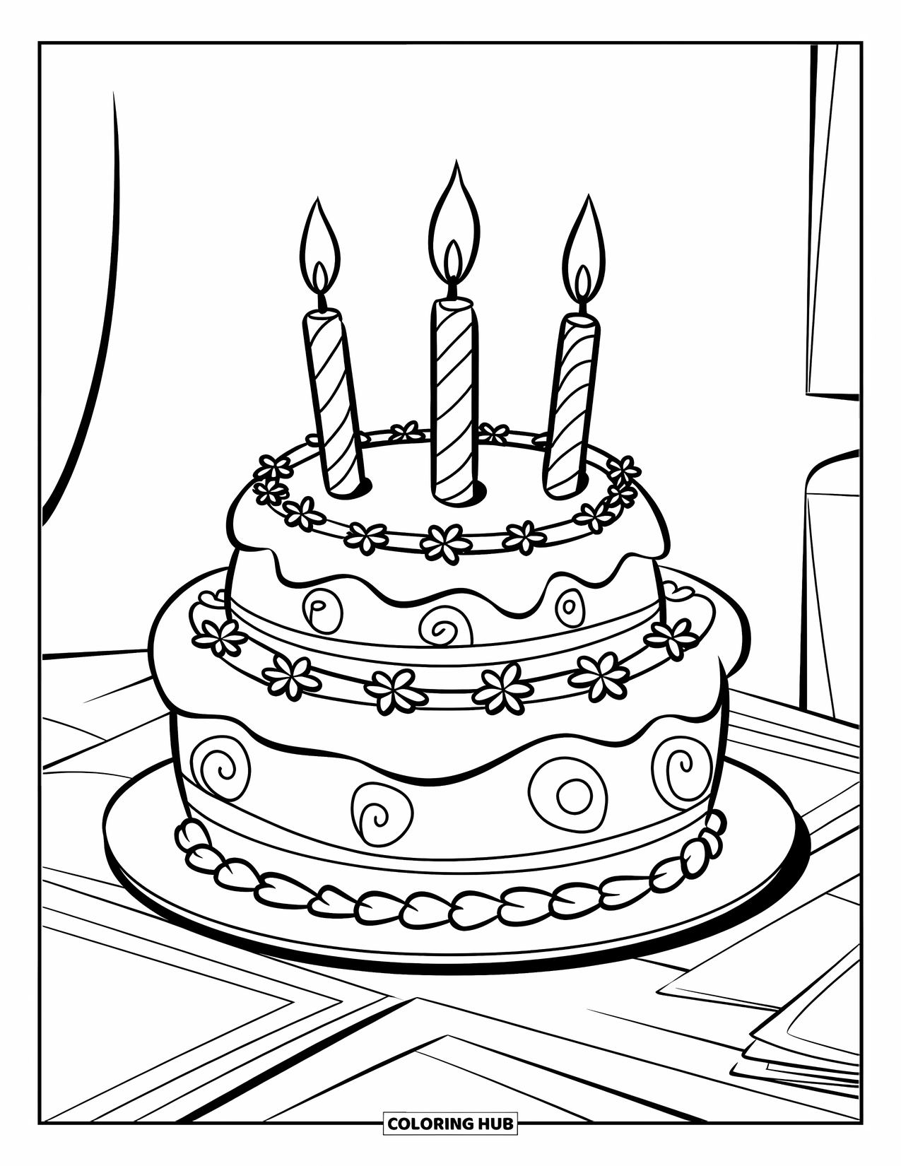 Birthday Party Coloring Page for Kids: A birthday cake with flowers and candles sits beside a separate plate