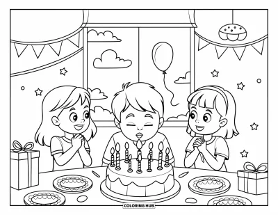 Geburtstagsparty-Ausmalbild für Kinder: Ein fröhlicher Tortenmoment mit Dekoration, Geschenken und aufgeregten Freunden