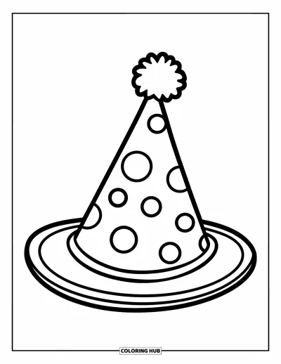 Geburtstagsparty-Ausmalbild für Kinder: Ein fröhlicher Partyhut mit Punkten und Pompon auf weißem Hintergrund