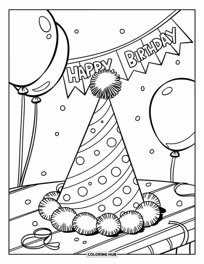 Geburtstagsparty-Ausmalbild für Kinder: Ein gepunkteter Partyhut mit Pompon liegt neben Ballons und Leckereien