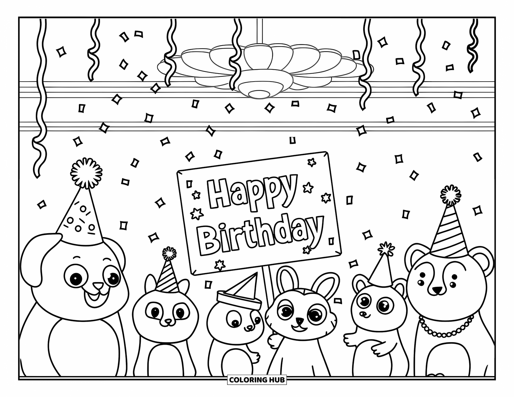 Birthday Party Coloring Page for Kids: A festive animal party with hats, confetti, and a big birthday sign