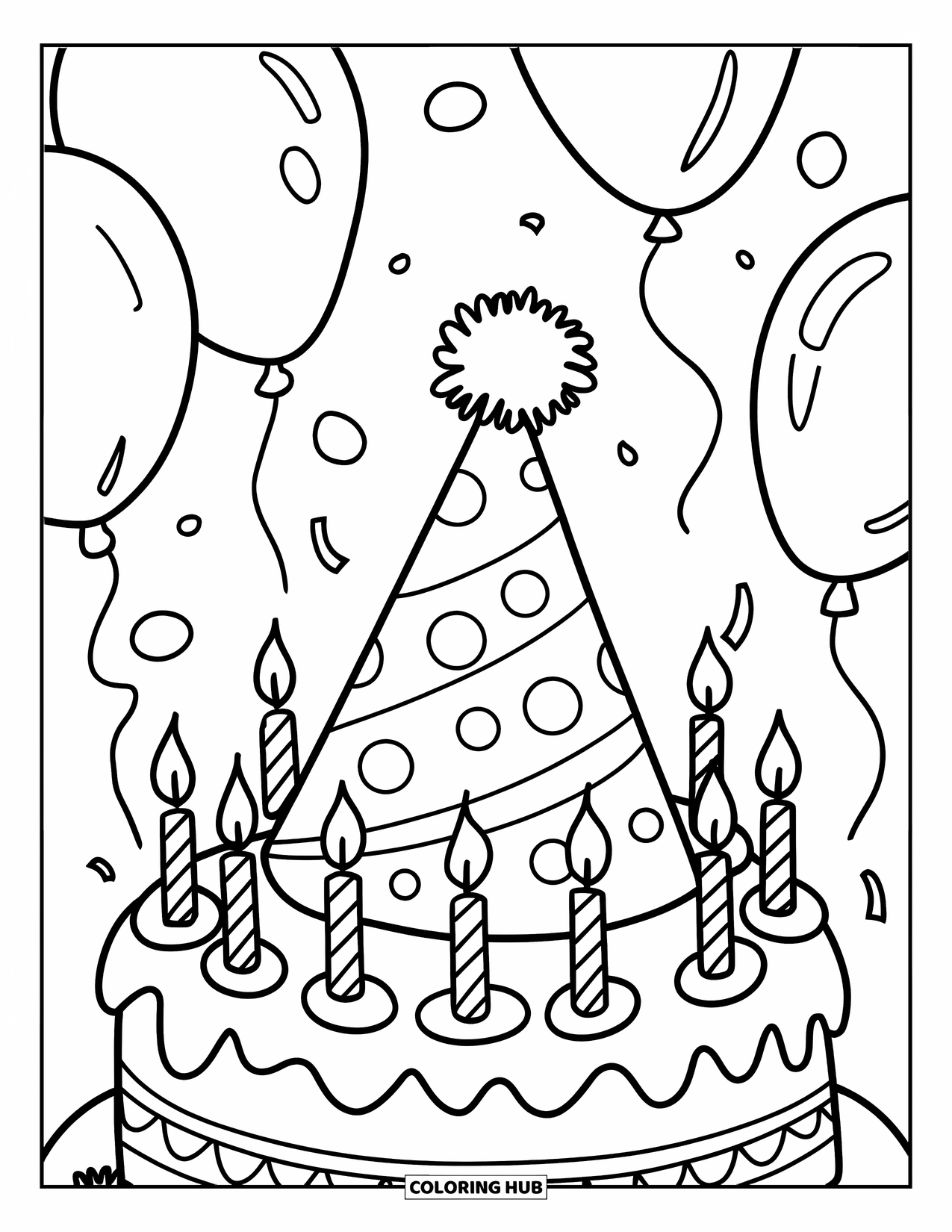 Birthday Party Coloring Page for Kids: A festive hat with dots and candles sits atop a birthday cake