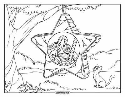Geburtstagsparty-Ausmalbild für Kinder: Eine Wald-Piñata-Szene mit herausfallenden Süßigkeiten und staunenden Tieren