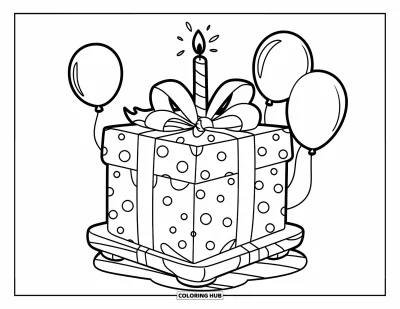 Geburtstagsparty-Ausmalbild für Kinder: Ein Geschenk auf einem Ständer ist von Ballons und Kerzenschein umgeben