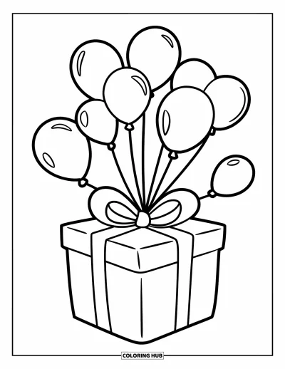 Geburtstagsparty-Ausmalbild für Kinder: Eine fröhliche Geschenkbox, an Ballons gebunden, schwebt durch den Himmel