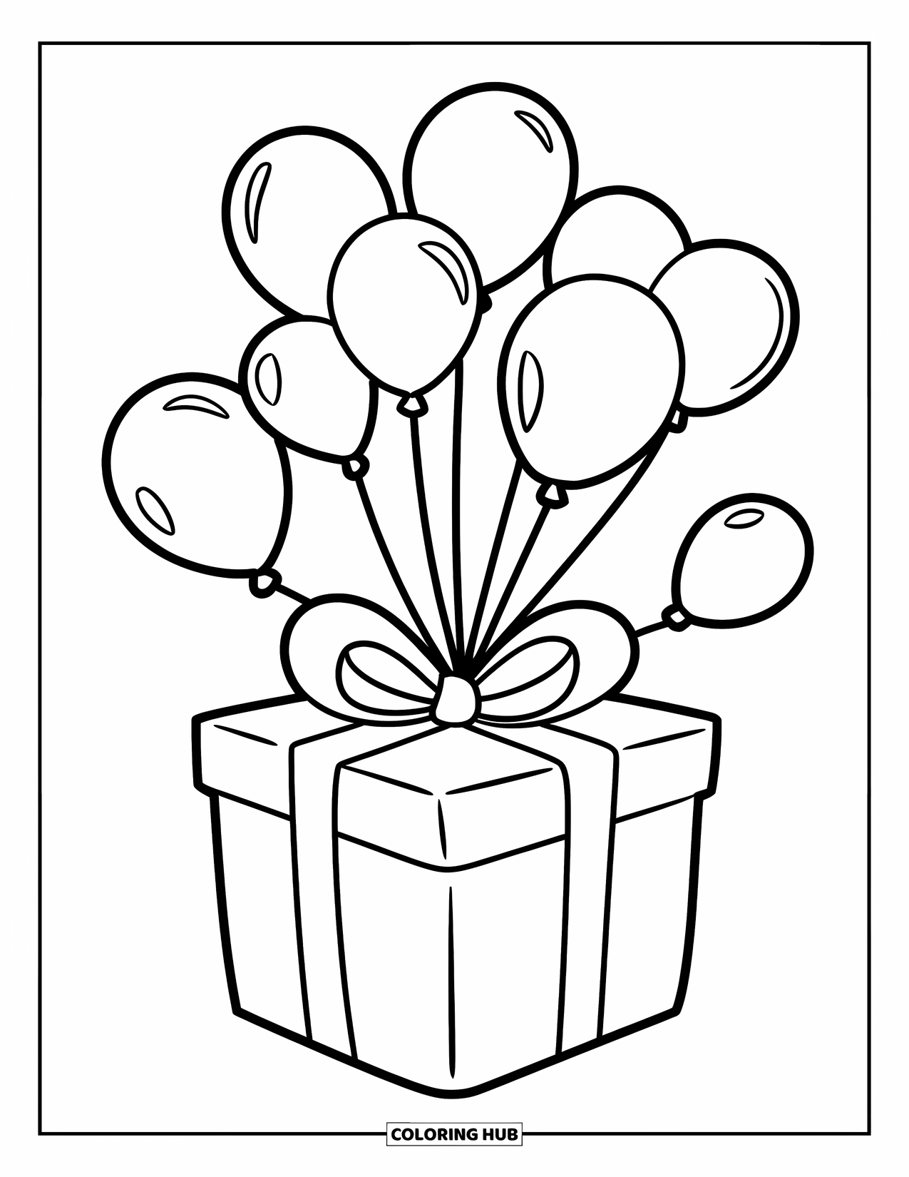 Birthday Party Coloring Page for Kids: A happy gift box tied to balloons floats through the sky