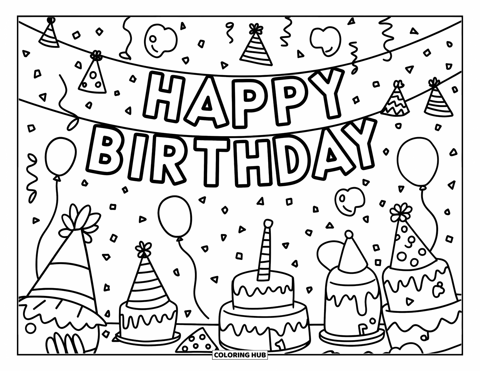 Birthday Party Coloring Page for Kids: A joyful room with balloons, cupcakes, animals, and a birthday banner