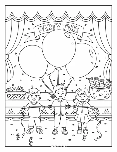 Geburtstagsparty-Ausmalbild für Kinder: Eine Partyszene mit Kindern, Ballons, Schleifen und fröhlichem Konfetti