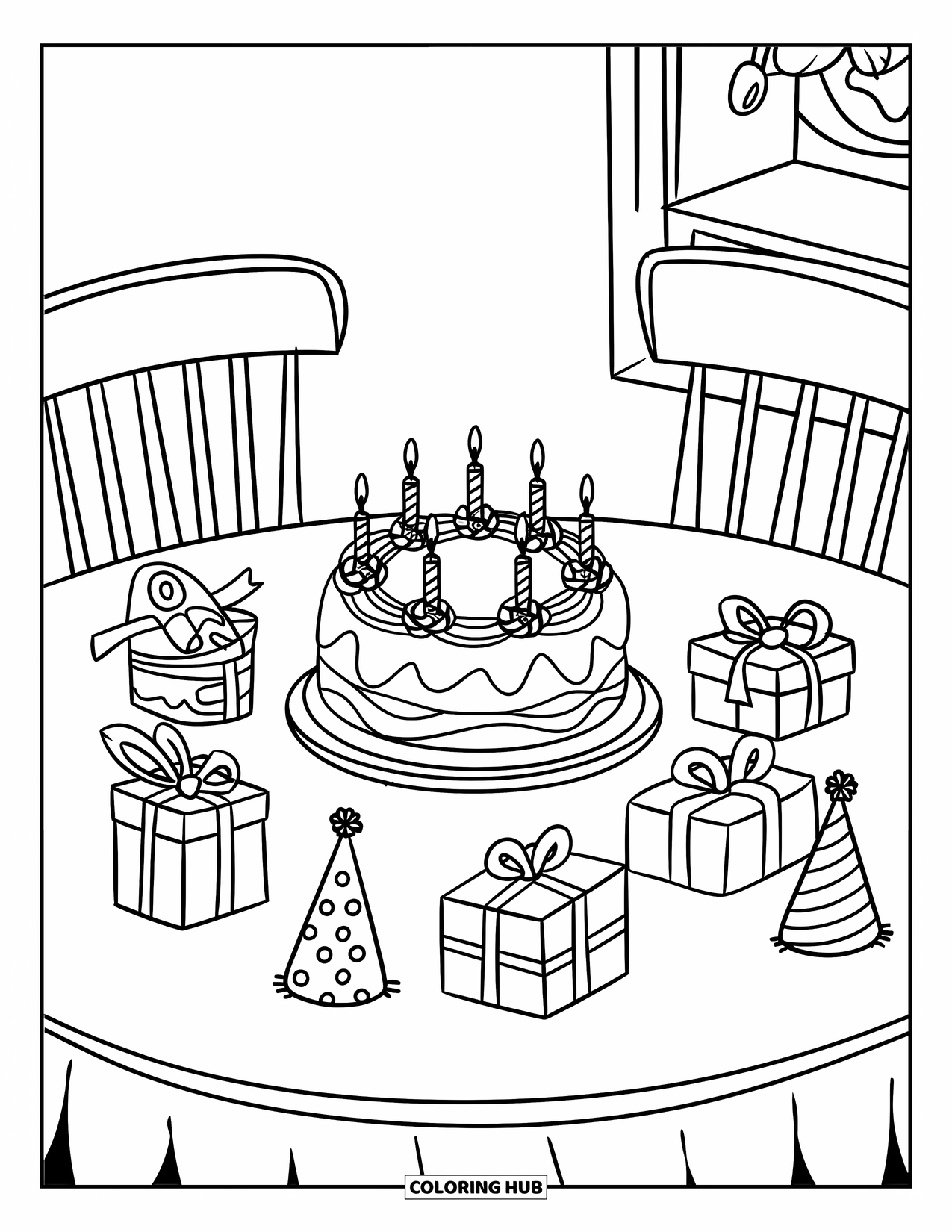 Birthday Party Coloring Page for Kids: A party table with cake and hats is ready for birthday fun