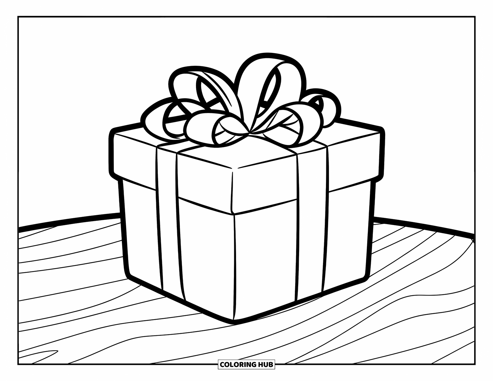 Birthday Party Coloring Page for Kids: A present with a big bow sits proudly on the party table