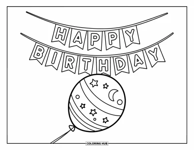 Geburtstagsparty-Ausmalbild für Kinder: Ein lächelnder Ballon mit Sternen schwebt neben einem Alles-Gute-zum-Geburtstag-Schild