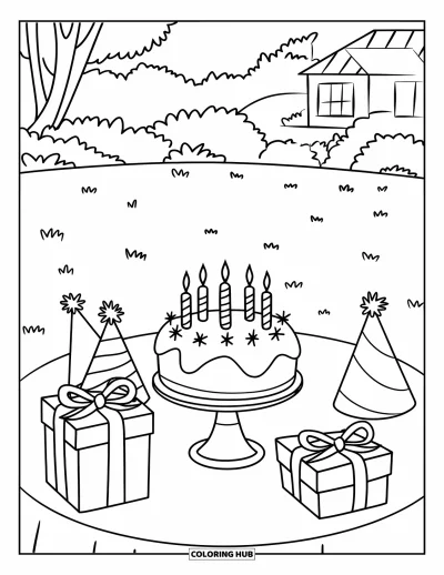Geburtstagsparty-Ausmalbild für Kinder: Ein sonniger Partytisch im Freien mit Torte, Geschenken und fröhlicher Dekoration