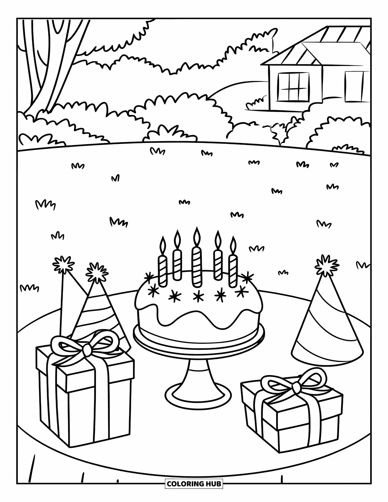 Birthday Party Coloring Page for Kids: A sunny outdoor party table with cake, gifts, and happy decorations
