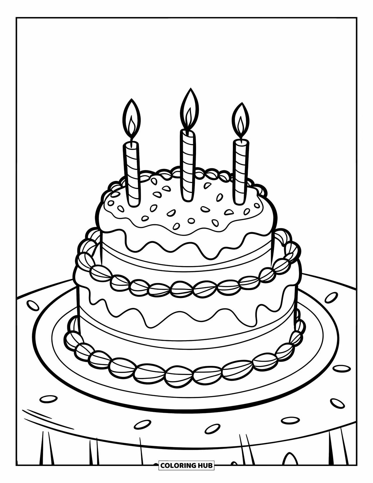 Birthday Party Coloring Page for Kids: A sweet cake with frosting and sprinkles stands on a table, ready to share