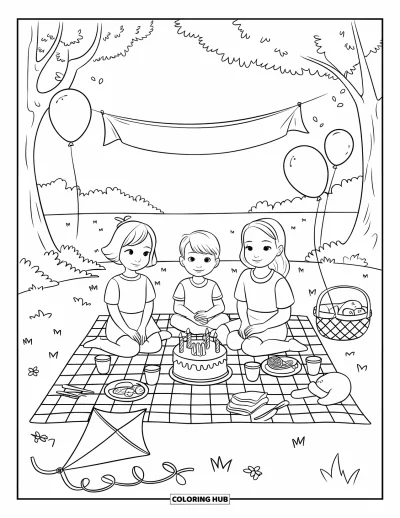Geburtstagsparty-Ausmalbild für Kinder: Ein süßes Picknick im Freien mit Geburtstagsleckereien, Ballons und einer leichten Brise
