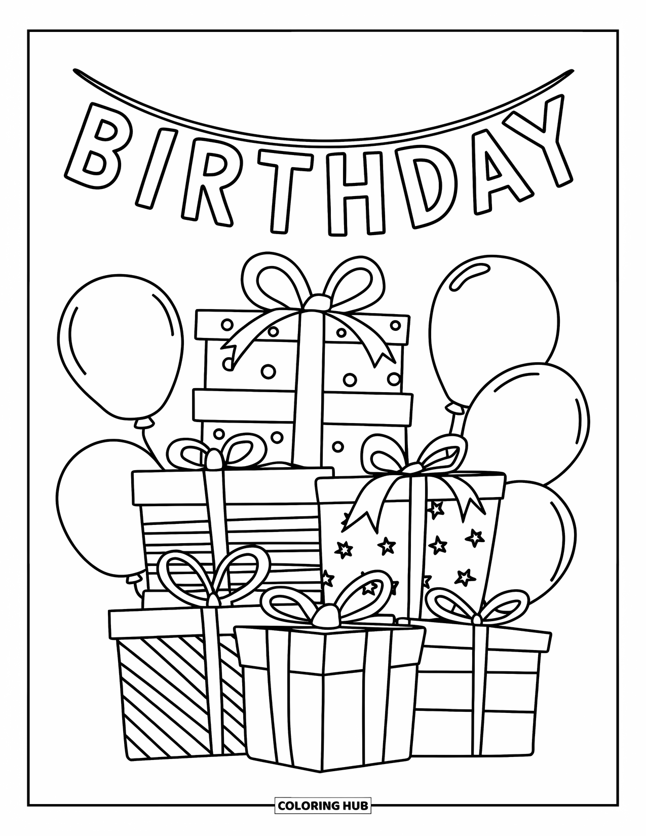Birthday Party Coloring Page for Kids: A tower of presents tied with ribbons stands under birthday balloons