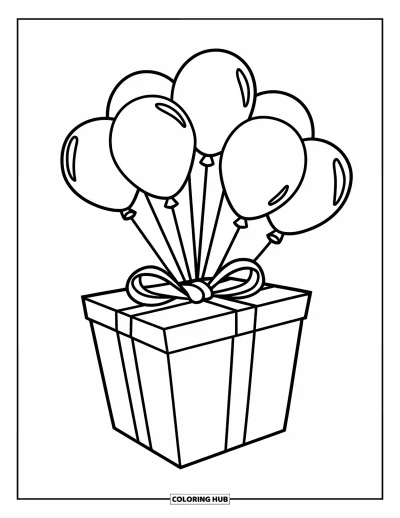 Geburtstagsparty-Ausmalbild für Kinder: Ein eingepacktes Geschenk schwebt in den Himmel, getragen von bunten Partyballons
