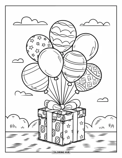 Geburtstagsparty-Ausmalbild für Kinder: Ballons tragen ein Geschenk durch einen weißen Himmel mit verspielten Mustern