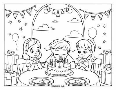 Geburtstagsparty-Ausmalbild für Kinder: Kerzen leuchten auf einer Torte, während Kinder in einem festlichen Raum mit Ballons jubeln