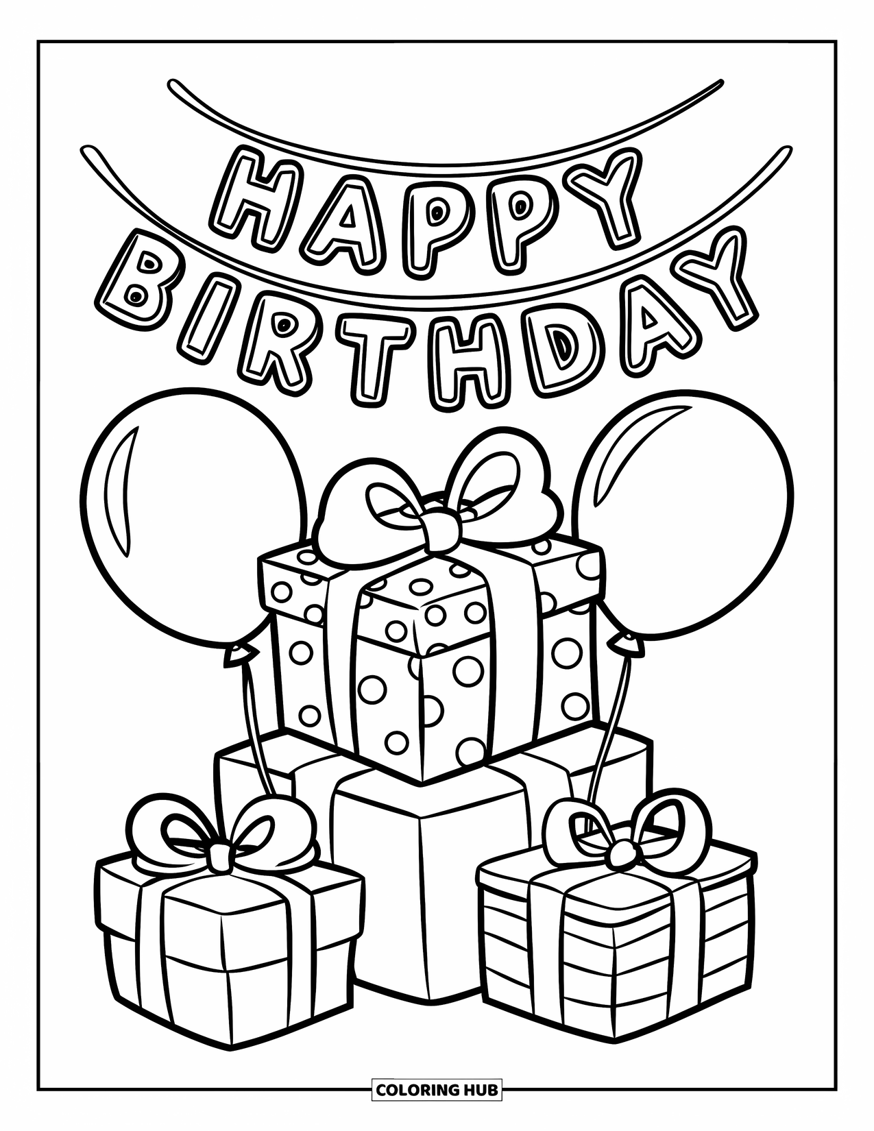 Birthday Party Coloring Page for Kids: Colorful presents with ribbons and balloons wait under a happy birthday sign